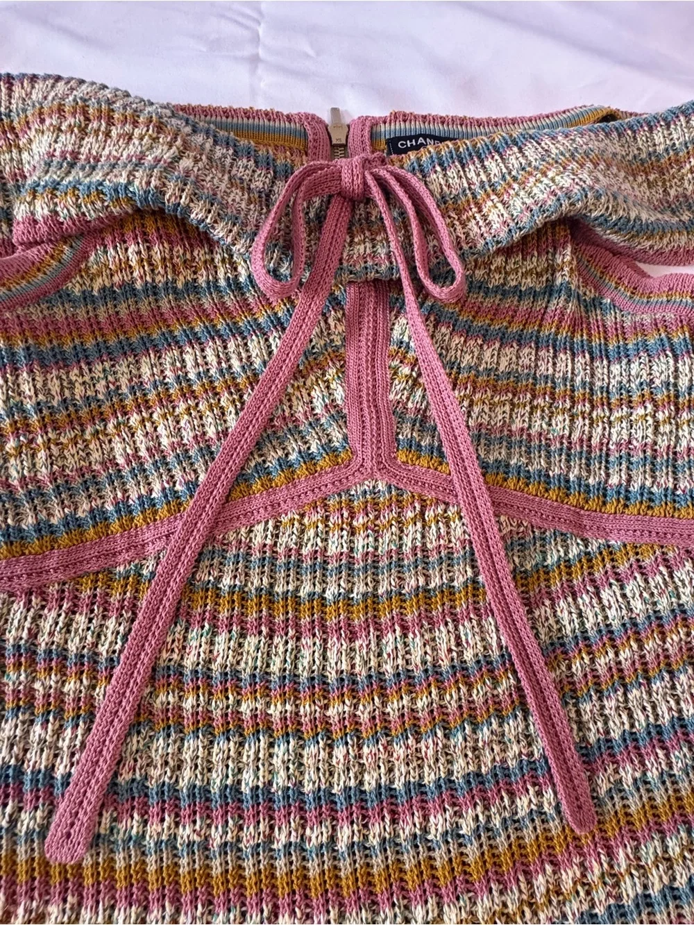Chanel 2017 Cuba Cruise Multicolor Cotton Knit Off-Shoulder Top CC Buttons FR 38